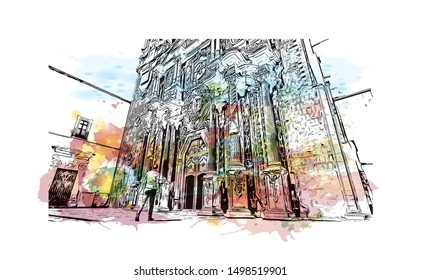 Building view with landmark of Queretaro is a small state in north-central Mexico. Watercolor splash with Hand drawn sketch illustration in vector.