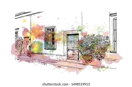 Building view with landmark of Queretaro is a small state in north-central Mexico. Watercolor splash with Hand drawn sketch illustration in vector.