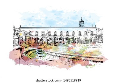 Building view with landmark of Queretaro is a small state in north-central Mexico. Watercolor splash with Hand drawn sketch illustration in vector.