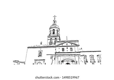 Building view with landmark of Queretaro is a small state in north-central Mexico. Hand drawn sketch illustration in vector.