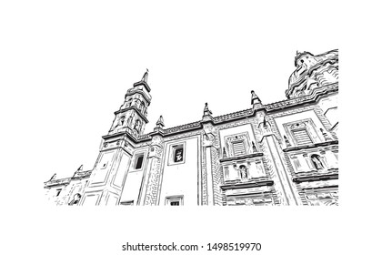 Building view with landmark of Queretaro is a small state in north-central Mexico. Hand drawn sketch illustration in vector.