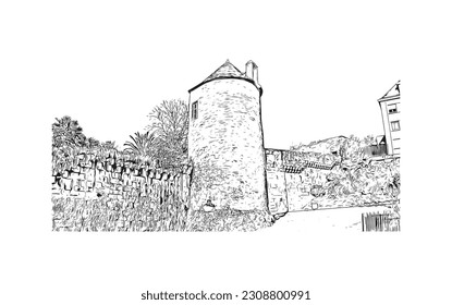 Building view with landmark of  Quimper is the commune in France. Hand drawn sketch illustration in vector.
