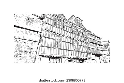 Building view with landmark of  Quimper is the commune in France. Hand drawn sketch illustration in vector.