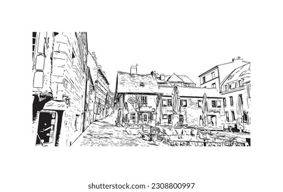 La comuna de Francia ofrece vistas al edificio con un punto de referencia de Quimper. Dibujo a mano de ilustración de esbozo en vector.