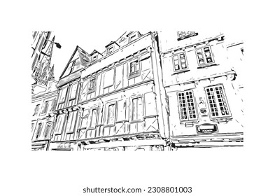 Die Gemeinde in Frankreich ist ein Wahrzeichen von Quimper. Handgezeichnete Skizzengrafik in Vektorgrafik.