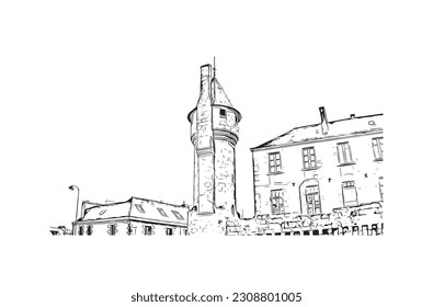 Building view with landmark of  Quimper is the commune in France. Hand drawn sketch illustration in vector.