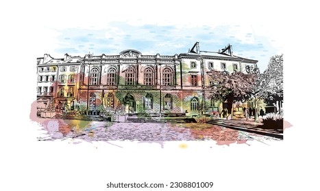 La comuna de Francia ofrece vistas al edificio con un punto de referencia de Quimper. Salto de color de agua con ilustración de esbozo dibujada a mano en vector.