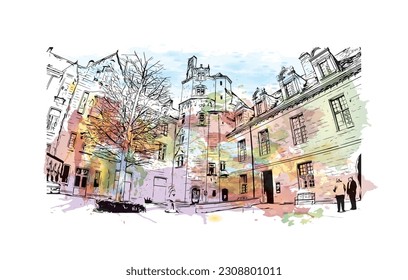 Die Gemeinde in Frankreich ist ein Wahrzeichen von Quimper. Aquarellspritzer mit handgezeichneter Skizzengrafik in Vektorgrafik.