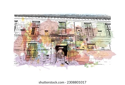 Building view with landmark of  Quimper is the commune in France. Watercolor splash with hand drawn sketch illustration in vector.