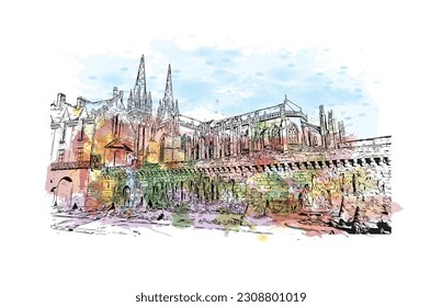 La comuna de Francia ofrece vistas al edificio con un punto de referencia de Quimper. Salto de color de agua con ilustración de esbozo dibujada a mano en vector.