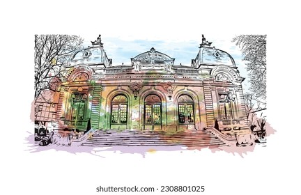 La comuna de Francia ofrece vistas al edificio con un punto de referencia de Quimper. Salto de color de agua con ilustración de esbozo dibujada a mano en vector.