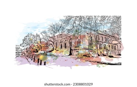 Building view with landmark of  Quimper is the commune in France. Watercolor splash with hand drawn sketch illustration in vector.