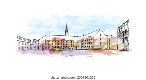 La comuna de Francia ofrece vistas al edificio con un punto de referencia de Quimper. Salto de color de agua con ilustración de esbozo dibujada a mano en vector.