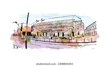 Building view with landmark of  Quimper is the commune in France. Watercolor splash with hand drawn sketch illustration in vector.