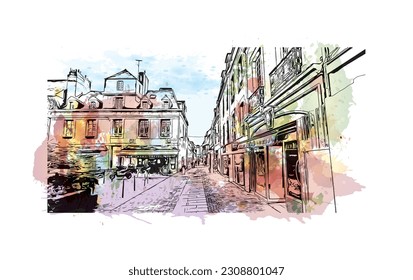 Building view with landmark of  Quimper is the commune in France. Watercolor splash with hand drawn sketch illustration in vector.
