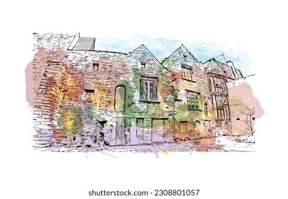 La comuna de Francia ofrece vistas al edificio con un punto de referencia de Quimper. Salto de color de agua con ilustración de esbozo dibujada a mano en vector.