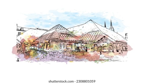 Building view with landmark of  Quimper is the commune in France. Watercolor splash with hand drawn sketch illustration in vector.