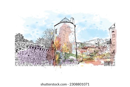 Die Gemeinde in Frankreich ist ein Wahrzeichen von Quimper. Aquarellspritzer mit handgezeichneter Skizzengrafik in Vektorgrafik.