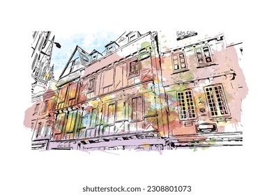 La comuna de Francia ofrece vistas al edificio con un punto de referencia de Quimper. Salto de color de agua con ilustración de esbozo dibujada a mano en vector.