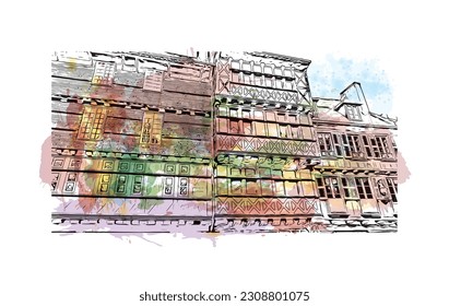 Building view with landmark of  Quimper is the commune in France. Watercolor splash with hand drawn sketch illustration in vector.