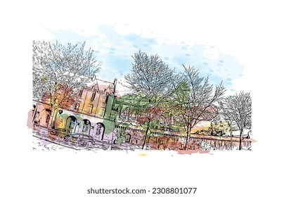 La comuna de Francia ofrece vistas al edificio con un punto de referencia de Quimper. Salto de color de agua con ilustración de esbozo dibujada a mano en vector.