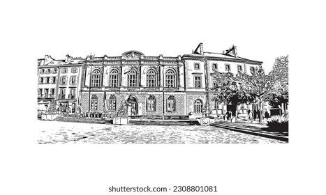 Building view with landmark of  Quimper is the commune in France. Hand drawn sketch illustration in vector.