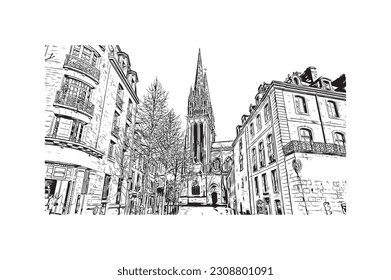 Building view with landmark of  Quimper is the commune in France. Hand drawn sketch illustration in vector.