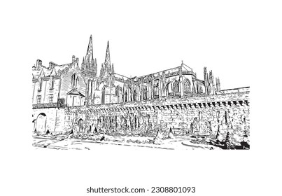 Building view with landmark of  Quimper is the commune in France. Hand drawn sketch illustration in vector.