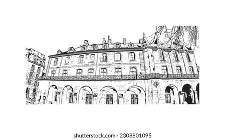 La comuna de Francia ofrece vistas al edificio con un punto de referencia de Quimper. Dibujo a mano de ilustración de esbozo en vector.