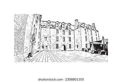 Building view with landmark of  Quimper is the commune in France. Hand drawn sketch illustration in vector.