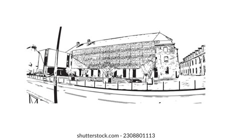 Building view with landmark of  Quimper is the commune in France. Hand drawn sketch illustration in vector.