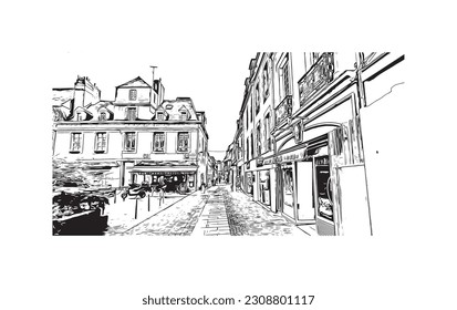 Building view with landmark of  Quimper is the commune in France. Hand drawn sketch illustration in vector.
