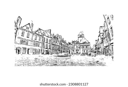 Building view with landmark of  Quimper is the commune in France. Hand drawn sketch illustration in vector.