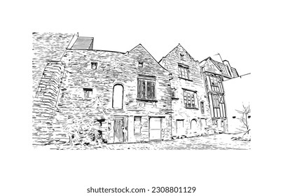 Building view with landmark of  Quimper is the commune in France. Hand drawn sketch illustration in vector.