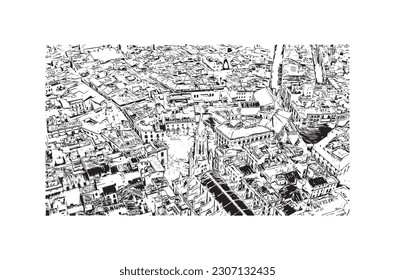 Building view with landmark of Quito is the capital in Ecuador. Hand drawn sketch illustration in vector.