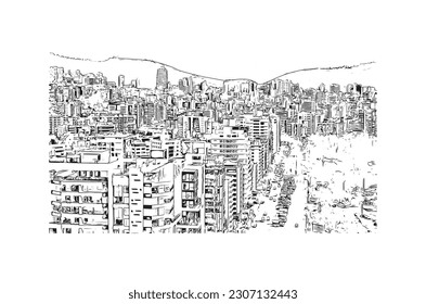 Building view with landmark of Quito is the capital in Ecuador. Hand drawn sketch illustration in vector.