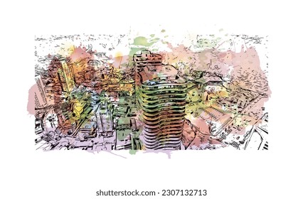 Building view with landmark of Quito is the capital in Ecuador. Watercolor splash with hand drawn sketch illustration in vector.