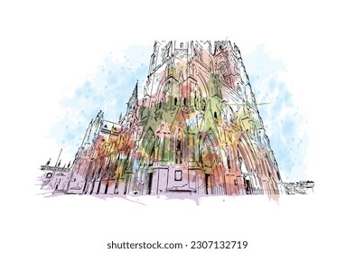 Building view with landmark of Quito is the capital in Ecuador. Watercolor splash with hand drawn sketch illustration in vector.