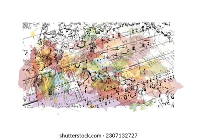 Building view with landmark of Quito is the capital in Ecuador. Watercolor splash with hand drawn sketch illustration in vector.