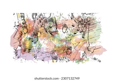 Building view with landmark of Quito is the capital in Ecuador. Watercolor splash with hand drawn sketch illustration in vector.
