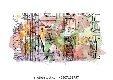 Building view with landmark of Quito is the capital in Ecuador. Watercolor splash with hand drawn sketch illustration in vector.
