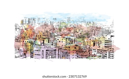 Building view with landmark of Quito is the capital in Ecuador. Watercolor splash with hand drawn sketch illustration in vector.