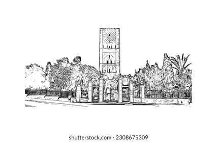 Building view with landmark of  Rabat capital of Morocco. Hand drawn sketch illustration in vector.