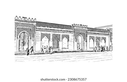 Building view with landmark of  Rabat capital of Morocco. Hand drawn sketch illustration in vector.