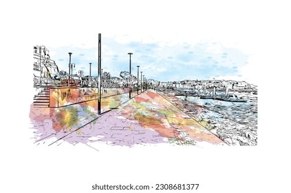 Building view with landmark of  Rabat is the  capital in Morocco. Watercolor splash with hand drawn sketch illustration in vector.