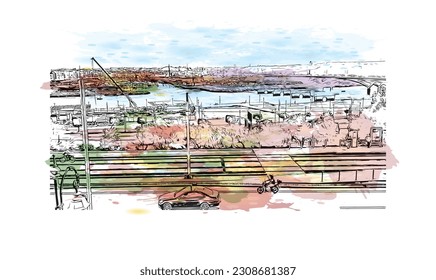 Building view with landmark of  Rabat is the  capital in Morocco. Watercolor splash with hand drawn sketch illustration in vector.