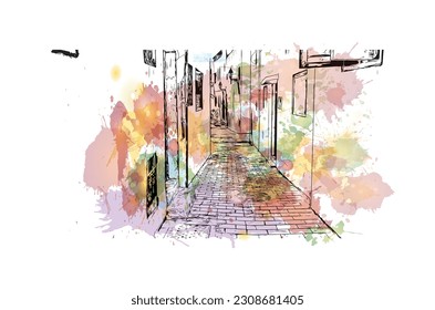 Building view with landmark of  Rabat is the  capital in Morocco. Watercolor splash with hand drawn sketch illustration in vector.