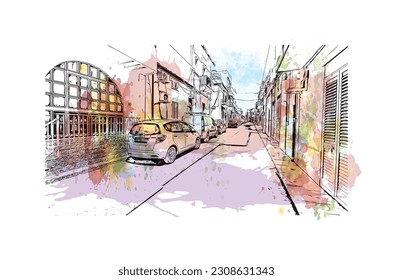 Building view with landmark of  Ragusa is a city and comune in southern Italy. Watercolor splash with hand drawn sketch illustration in vector.