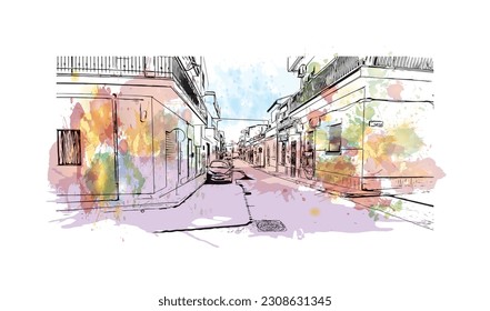 Building view with landmark of  Ragusa is a city and comune in southern Italy. Watercolor splash with hand drawn sketch illustration in vector.