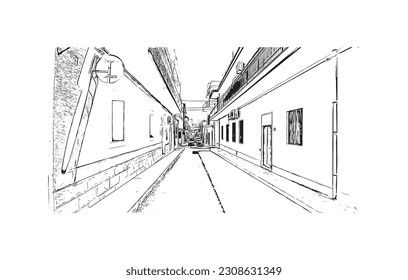 Building view with landmark of  Ragusa is a city and comune in southern Italy. Hand drawn sketch illustration in vector.